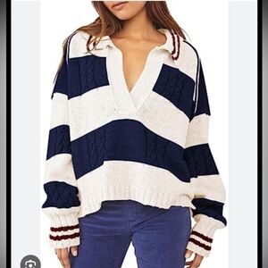 NWOT Women's Striped Oversized Pullover Sweaters Lapel Collar V Neck Long Sleeve